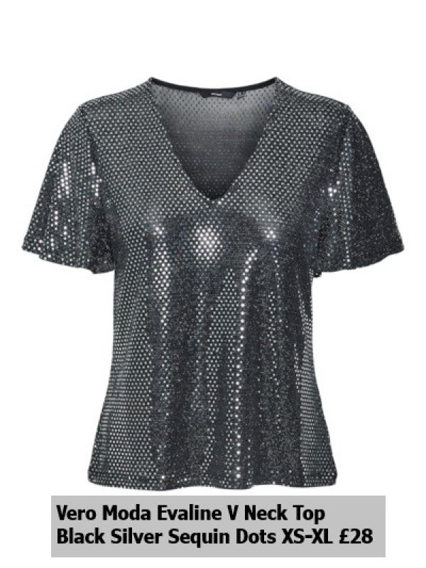 10317041 Evaline Ss Vneck Top Black Silver Sequin Dots XS XL £28