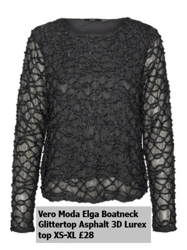 10317053 Elga LS Short Boatneck Glittertop Asphalt 3D Lurex Xs Xl £28