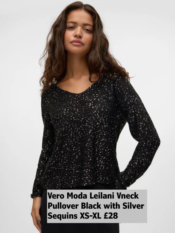 10318223 Leilani New LS V Neck Pullover Black W Silver Sequins XS XL £28 Model 4