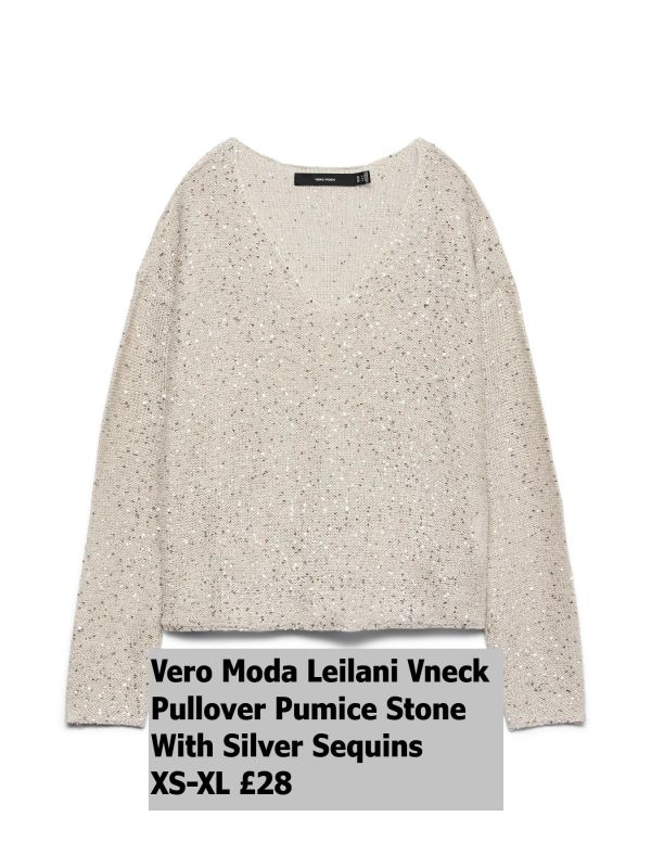 10318223 Leilani New LS V Neck Pullover Pumice Stone W Silver Sequins XS XL £28