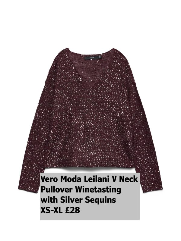 10318223 Leilani New LS V Neck Pullover Wine Tasting W Silver Sequins XS XL £28