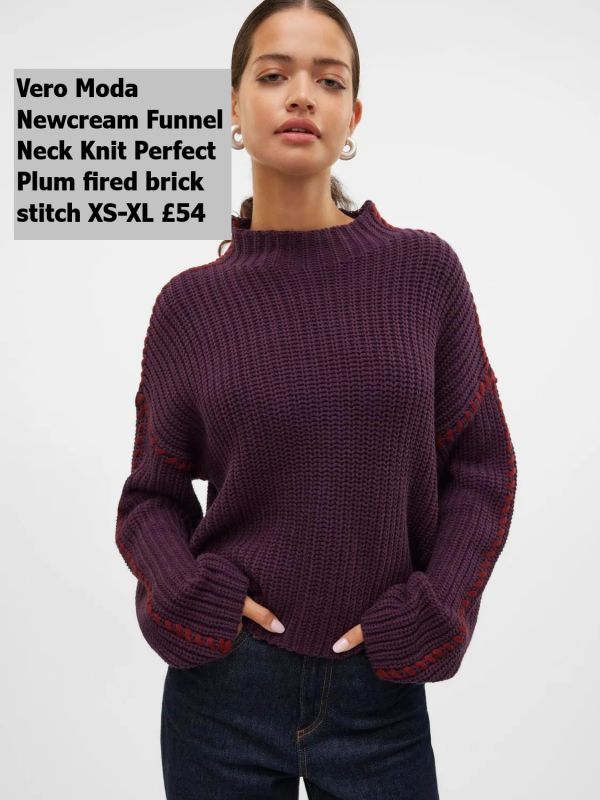 10329509 Newcream Funnel Neck Knit Perfect Plum Fired Brick Stitch XS XL £54 Model 4