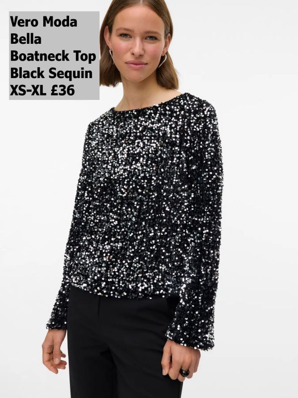 10335722 Bella LS Boatneck Top Black With Silver Sequins Xs XL £36 Model 3