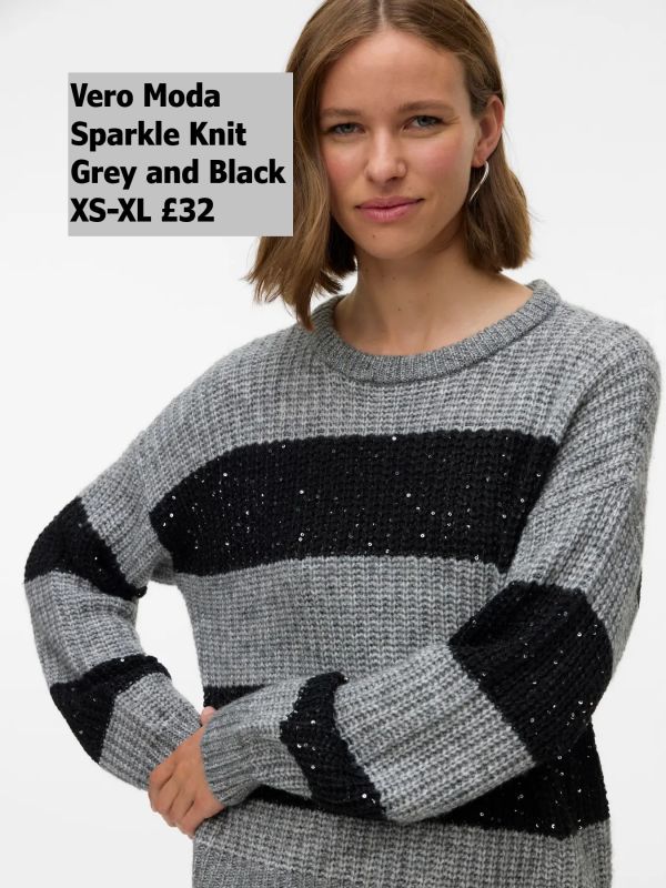 10336725 Sparkle LS Oneck Knit Medium Grey With Black Stripe And Silver Sequins XS XL £32 Model 3