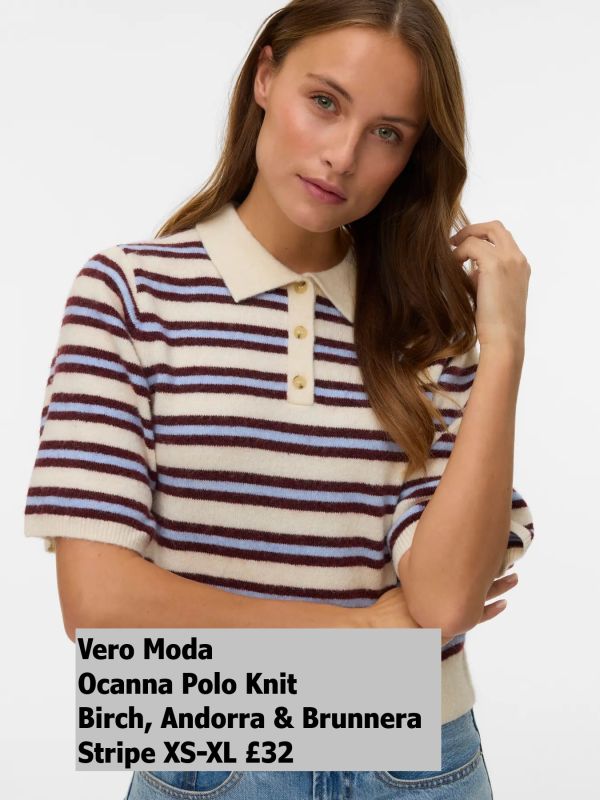 10342354 Ocanna Polo Knit Birch, Andorra Brunnera Stripe XS XL £32 Model 3