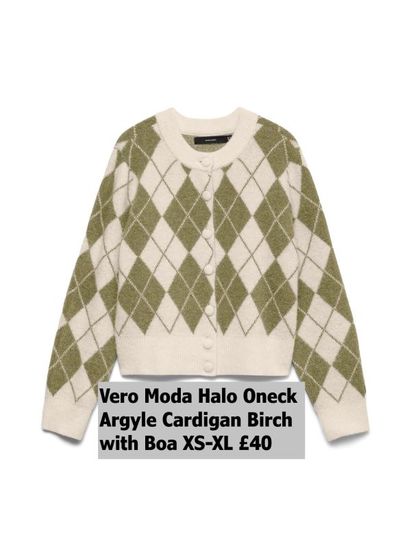 10342792 Halo Oneck Argyle Cardigan Birch W Boa XS XL £40