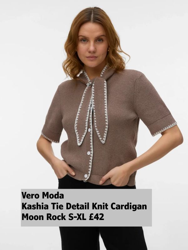 10354661 Kashia SS Tie Detail Knit Cardigan Moon Rock S XL £42 Model 2