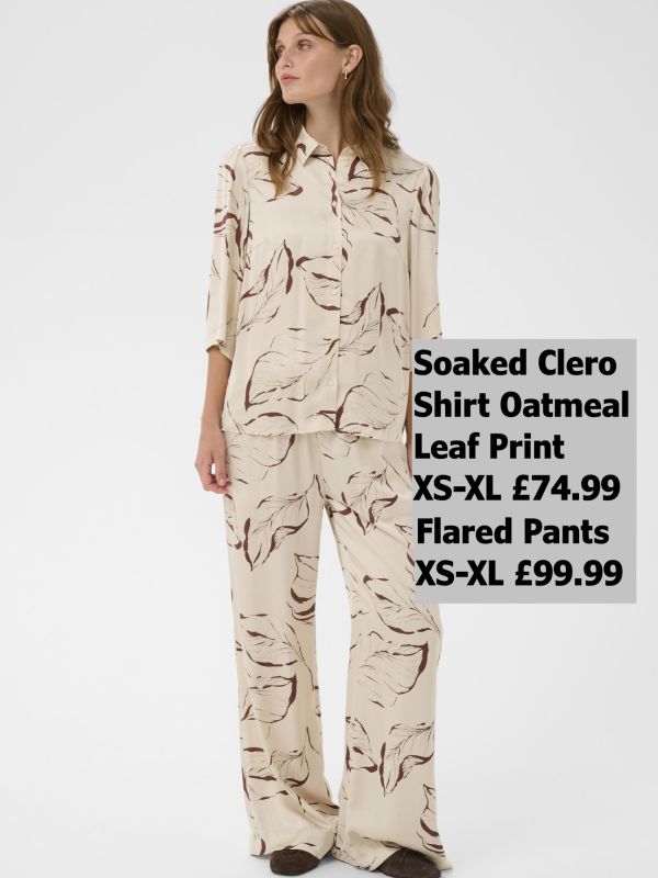 30409023 Clero Flared Printed Pants Oatmeal Leaf Print XS XL £99.99 Model 2