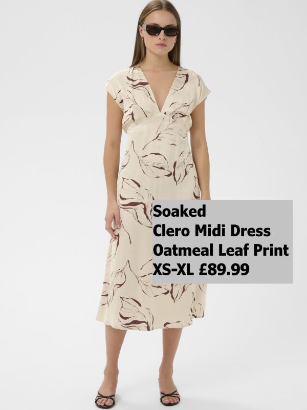 30409240 Clero Midi Printed Dress Oatmeal Leaf Print XS XL £89.99 Model 4