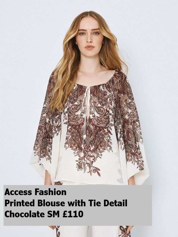 63 2084 CHOCO 01 Printed Blouse With Tie Detail SM £110 Model 3