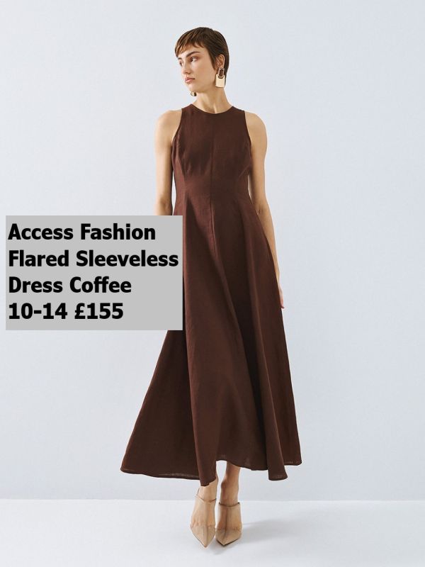 63 3360 COFFE 03 Flared Sleeveless Dress Coffee 10 14 £155 Model 2