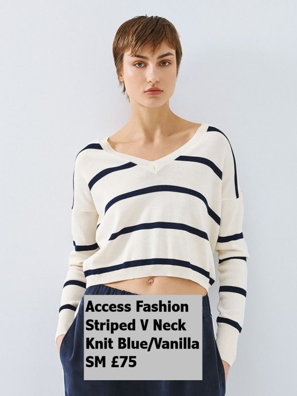 63 8002 BLUE 01 V Neck Striped Pullover Blue SM £75 Model 1
